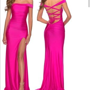 La Femme Off the Shoulder Satin Trumpet Gown